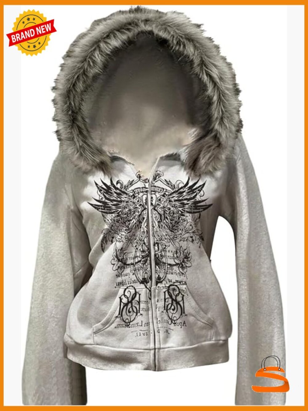 Faux Fur Graphic Zip Up Hoodie Long Sleeve Goth Y2K Sweatshirt